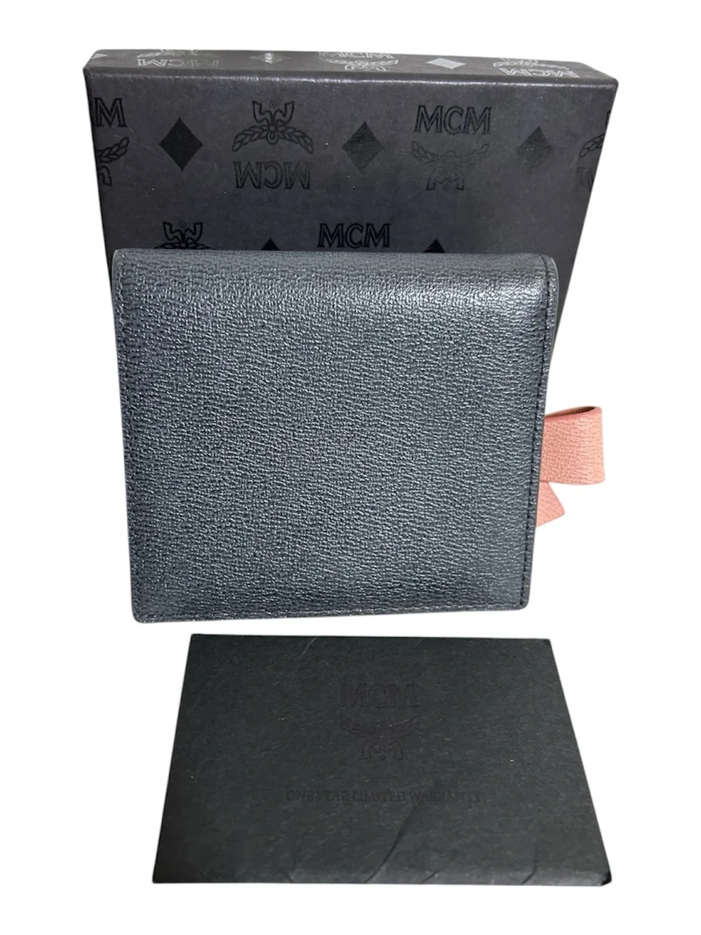MCM Black Leather Bifold Wallet with Pink Bow Charm and Gold Logo